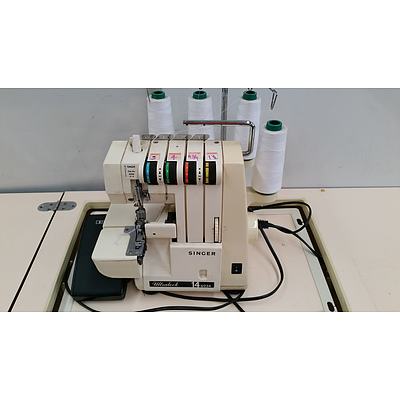 Horn Mobile Sewing Cabinet With Singer Ultralock Overlocker and Selection of Wool, Fabric, Thread