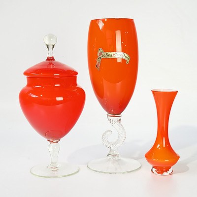 Three Pieces of Italian  Orange Glass Including Footed Sweet Dish with Lid, Vase and Large Goblet by Opalina Fiorentina