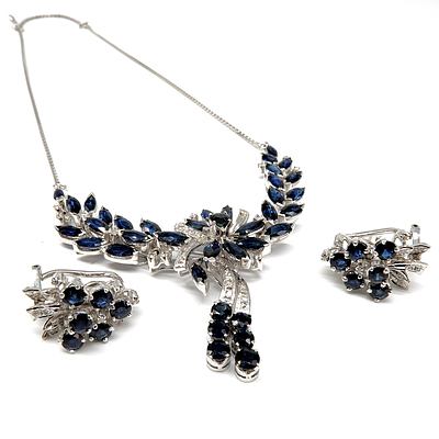 18ct White Gold Diamond and Blue Sapphire Necklet with Matching Earrings