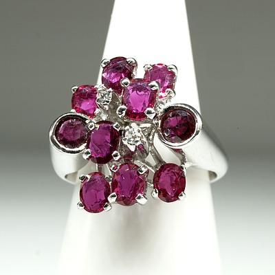 9ct White Gold Ruby and Diamond Ring, 6.6g