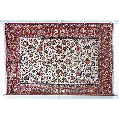 Fine Large Persian Isfahan Hand Knotted Wool Pile Carpet with Lotus Motif on a Cream Field, 3.6 by 2.5m