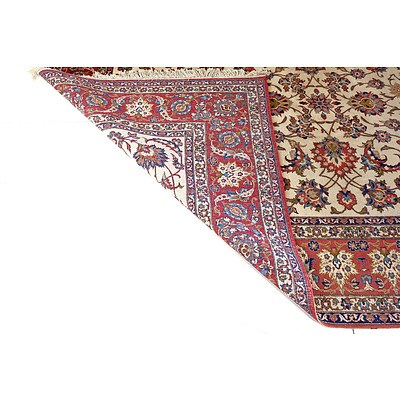 Fine Large Persian Isfahan Hand Knotted Wool Pile Carpet with Lotus Motif on a Cream Field, 3.6 by 2.5m