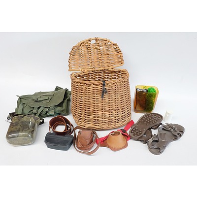 Woven Basket with Leather Strap and Assorted Fishing Accessories including: Leather Waist Rod Holders, Mens Size 10 Sand Shoes, Bag, Raincoat, Net, Wormbox and More