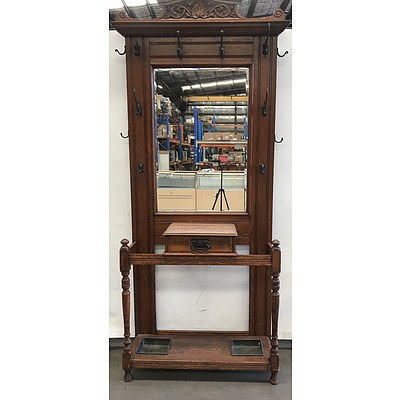 Antique Oak Mirror Back Hall Stand