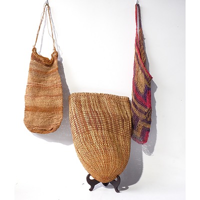 Aboriginal Pandanus Fibre Bag by Judy Baypangala, Bush String Bag by Wupatha of the Warramirr Group and New Guinea Fibre Bag