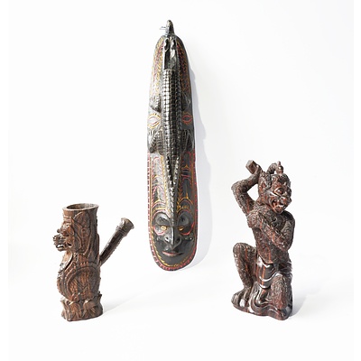Carved Macassar Ebony Carving of Hanuman and a Pipe with Singha Motif,and PNG Crocodile Mask