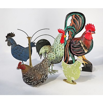 Five Chicken and Rooster Themed Tin Decorations and Brass Vase