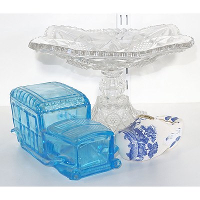 Blue and White Ceramic Clog Ashtray, Cut Glass Comport, and a Blue Glass Car Container