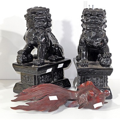 Pair Of Resin Temple Dogs And Carved Hardwood Goldfish