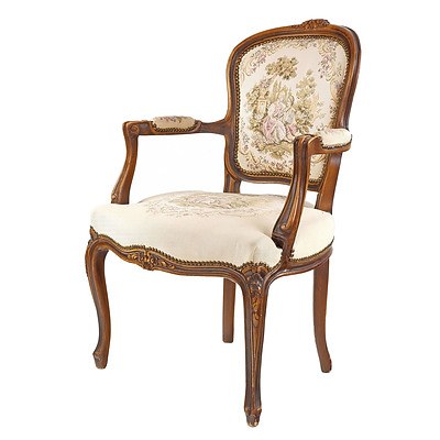 Louis Style Carved Beech and Tapestry Upholstered Armchair