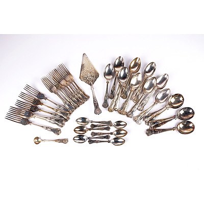 Compiled Kings Pattern Silver Plated Flatware, Mainly Sheffield