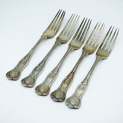 Five Edwardian Sterling Silver Kings Pattern Table Forks, Walker and Hall Sheffield 1902