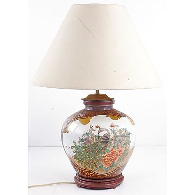 Oriental Style Porcelain Table Lamp with Peacock Motif