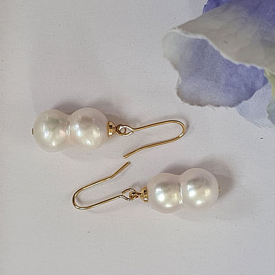 Unique Australian South Sea White Pearl Gourd Earrings 14k Gold