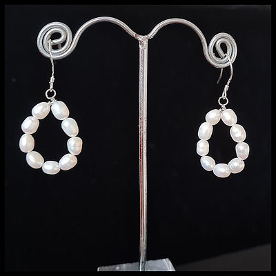 White Rice Pearl & Silver Loop Drop Earrings