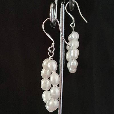 White Rice Pearl & Silver Loop Drop Earrings