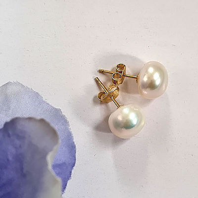 White Pearl Button Stud Earrings / 14k Yellow Gold