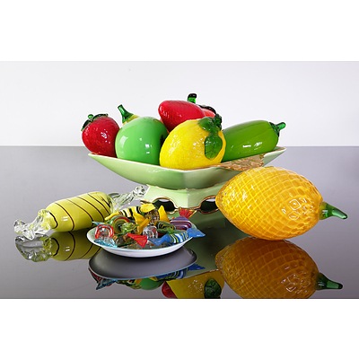 Art Glass Fruit Arrangement in a Royal Winton Dish with Various Art Glass Lollies
