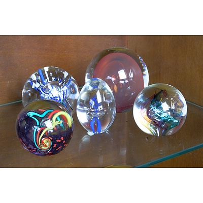Five Signed Art Glass Paperweights, Including Matt Bryll, Murano and More