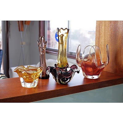 Five Retro Splash Form Art Glass Vases