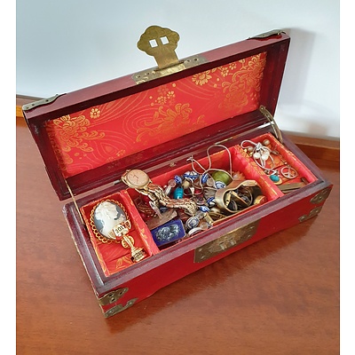 Chinese Brass Bound Jewellery Box with Various Necklaces, Watches, Pendants and Earrings