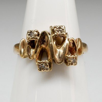 9ct Yellow Gold Abstract Ring with Four Single Cut Diamonds, 2.5g