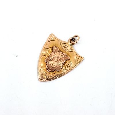 Antique 9ct Yellow and Rose Gold Engraved Shield Pendant, 1.8g