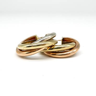 9ct Tri Colour Gold Round Tube Earrings, 6.1g