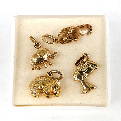 Three 9ct Yellow Gold Charms, 1.6g and Another Gold Plate