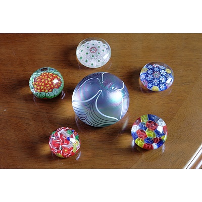 Six Millefiori and Lustre Art Glass Paperweights