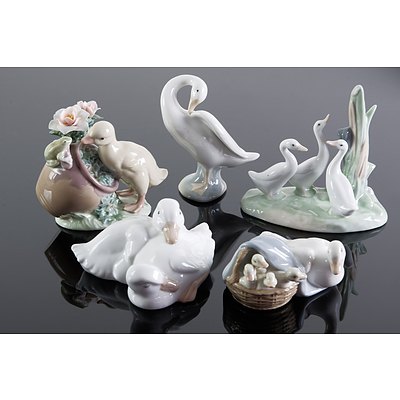 Five Spanish Lladro and Nao Ceramic Duck Figural Groups