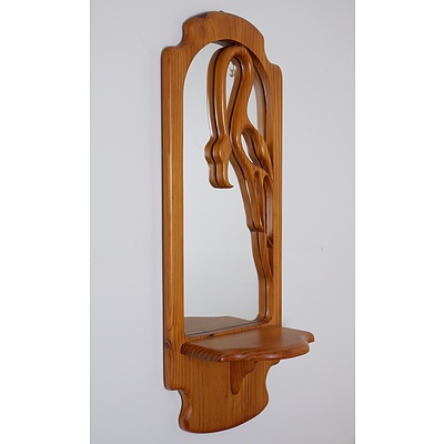 Carved Pine Mirror Back Wall Shelf with Flamingo