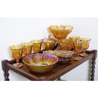A Group of Marigold Carnival Glass, Including Raised Comport, Six Goblets and More 