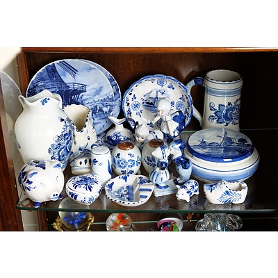 A Large Group of Delft Blue and White Ceramics, Including Water Pitcher, Pig Money Box, Ashtray and More 
