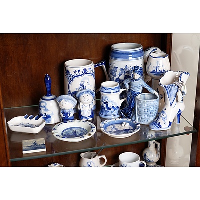 Various Delft Blue and White Ceramics, Including Tankards, Bell and More