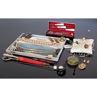 A Group of Vintage Ladies Costume Jewellery, Including Three Strand Faux Pearl Necklace, Hair Pins, Manicure Set and More 
