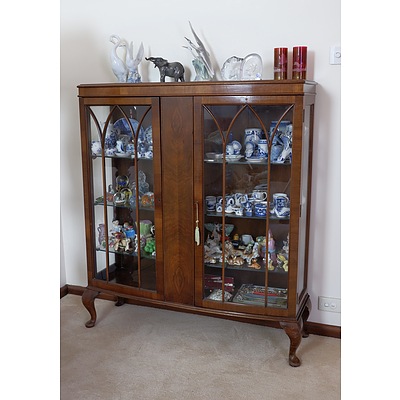 A Vintage Walnut Bow Front China Cabinet with Cabriole Legs, Circa 1940s 