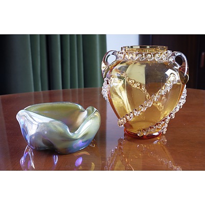 An Amber Glass Vase with Rigaree and a Lustre Glass Ashtray
