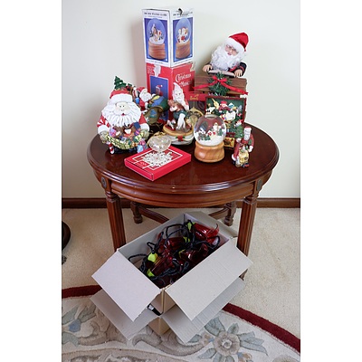 Group of Christmas Decorations, Including Water Globe, Floral Lighting, Christmas Figures and More