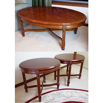 Two Walnut Finish Side Tables with Matching Coffee Table