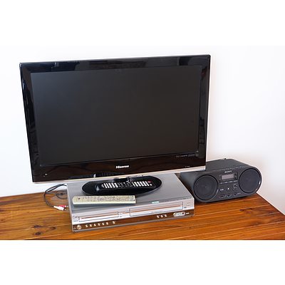 Hisense TV, LG V8824W DVD/VHS Player and a Sony FM/CD Radio 