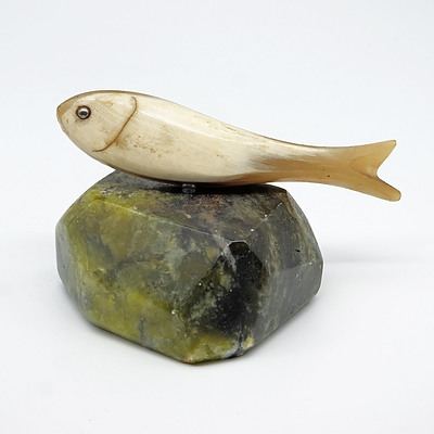 Eastern Carved Buffalo Horn Model of a Fish Mounted on a Polished Serpentine Block
