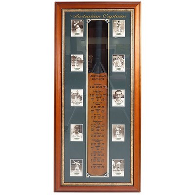 Australian Cricket Captains Bat with Signed Prints of the Captains In Framed Presentation Including Bill Lawry, Richie Benaud and More