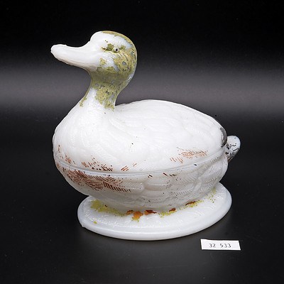 Victorian Era French Vallerysthal Opaline Glass Duck Covered Butter Dish