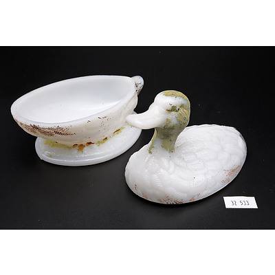 Victorian Era French Vallerysthal Opaline Glass Duck Covered Butter Dish