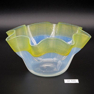 Late Victorian Opalescent Glass Ruffled Bowl with Applied Vaseline Spiral Trailing, Probably Stevens and Williams