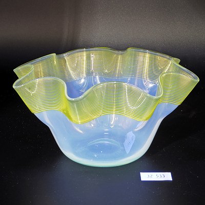 Late Victorian Opalescent Glass Ruffled Bowl with Applied Vaseline Spiral Trailing, Probably Stevens and Williams