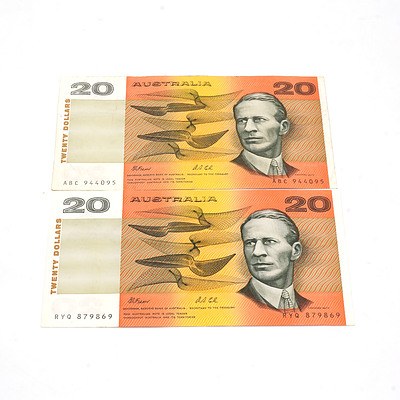Two Australian $20 Fraser/Cole Notes, ABC944095 and RYQ879869