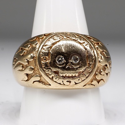 9ct Yellow Gold Gents Ring with Harley Davidson Emblem and Two Round Brilliant Cut Diamonds, 27g