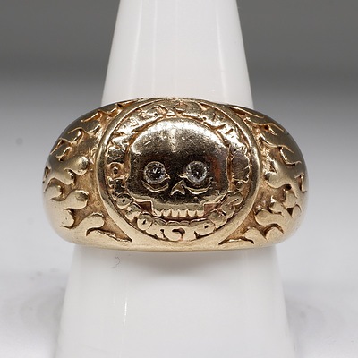 9ct Yellow Gold Gents Ring with Harley Davidson Emblem and Two Round Brilliant Cut Diamonds, 27g